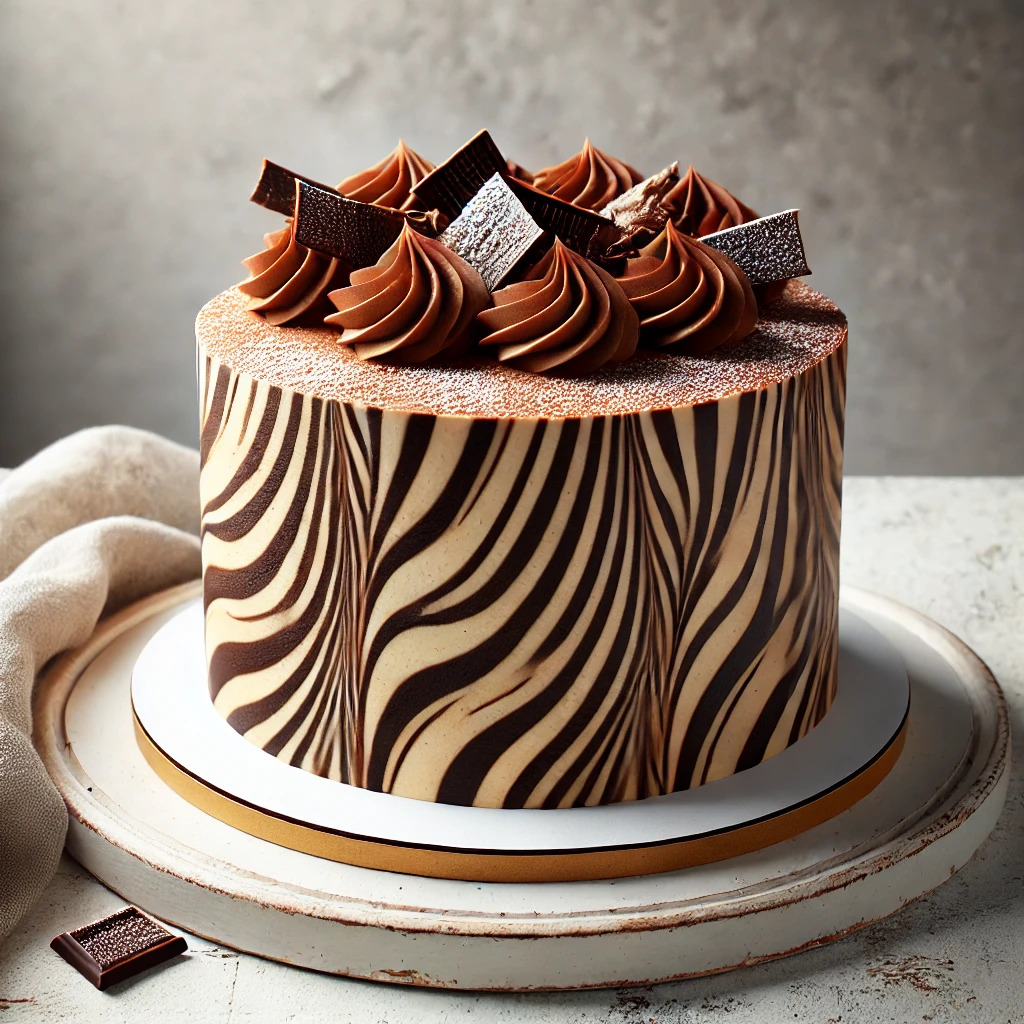 Chocolate Zebra Cake on Rustic Table